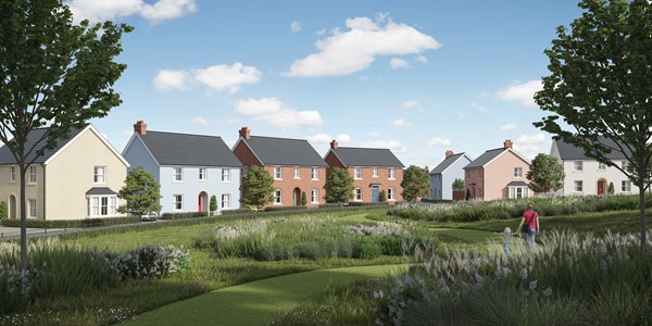 Computer generated image depicts The Conway, The Conway, The Kenfig, The Kenwig, and The Camrose  housetypes at the Elderwood Parc development, indicative only.